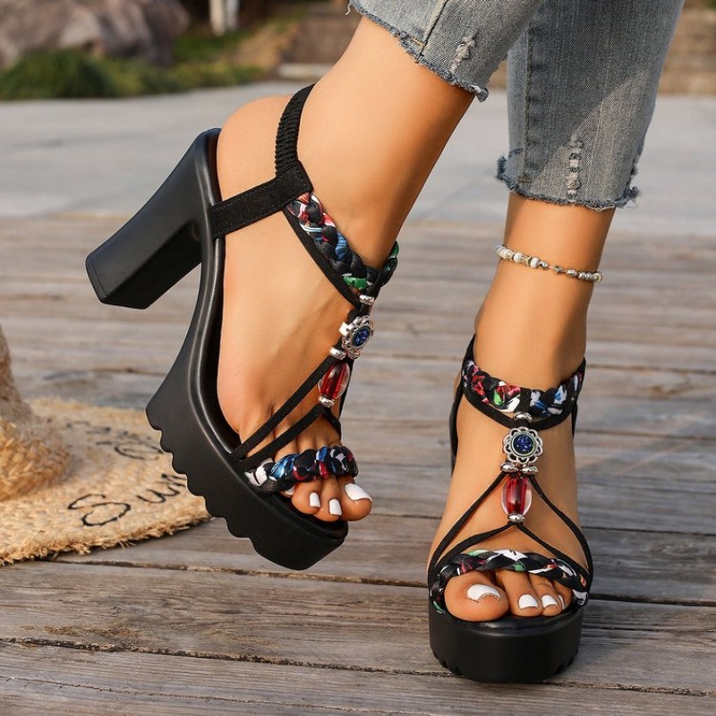 Ethnic Fashion - Sandalias de Tacón Grueso Estilo Étnico